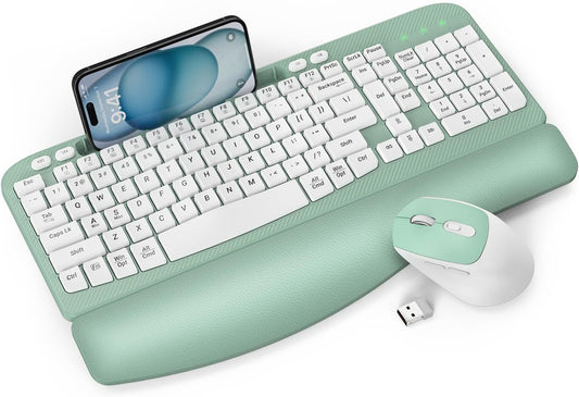 Wireless Keyboard and Mouse Combo, Full-Sized Ergonomic Wave Keys Keyboard with Memory Foam Wrist Rest & Phone Holder, 2.4G Quiet Keyboard Mouse Work Setup for PC Laptop, Office or Home (Mint Green)