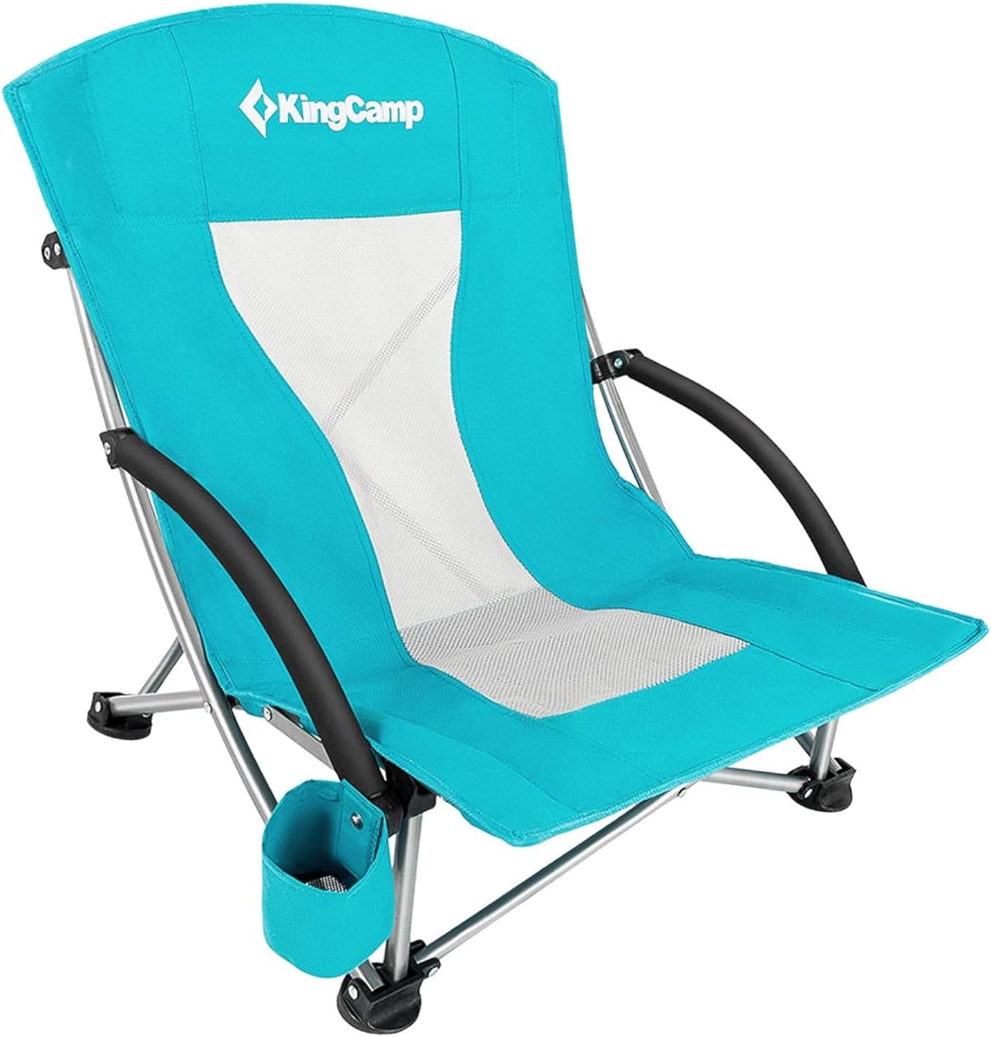 KingCamp Low Beach Chair, High Back Folding Camping Chair for Adults, Oversized Breathable Mesh Seat, 300lbs Heavy Duty Portable Chair with Cup Holder & Storage Pockets for Beach, Outdoor