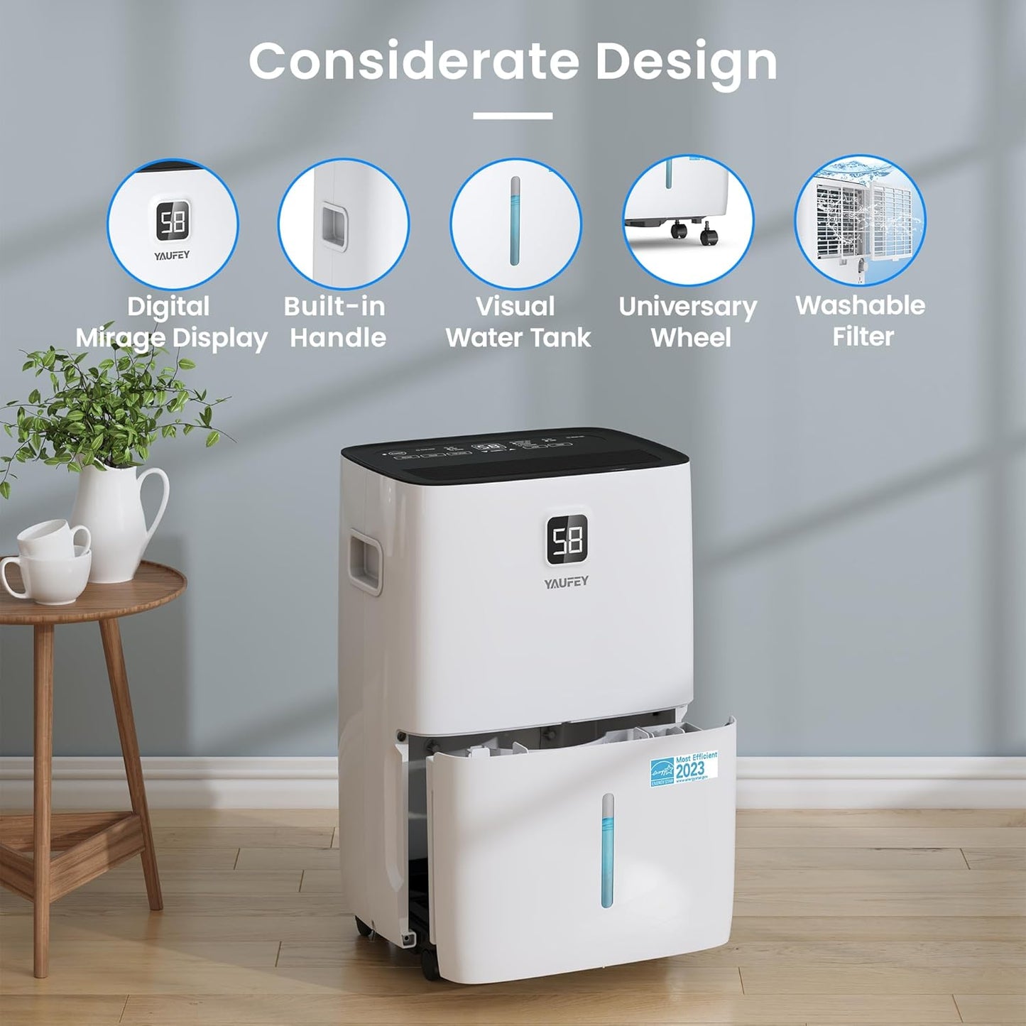 Yaufey 5000 Sq.Ft. Energy Star Certified Dehumidifier, Max 80 Pints Dehumidifier for Basement with Drain Hose, Smart Compressor with Intelligent Humidity Control, Dehumidifiers for Home Bedroom