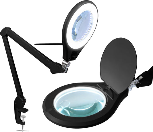 Neatfi Elite Super LED Magnifying Lamp with Clamp – 6” Glass Lens, 5D/12D Bifocal, 6500K Daylight | Glare-Free, Nonpolar Dimming | Reading, Crafting & Precision Work (6 Inch Lens, Black)