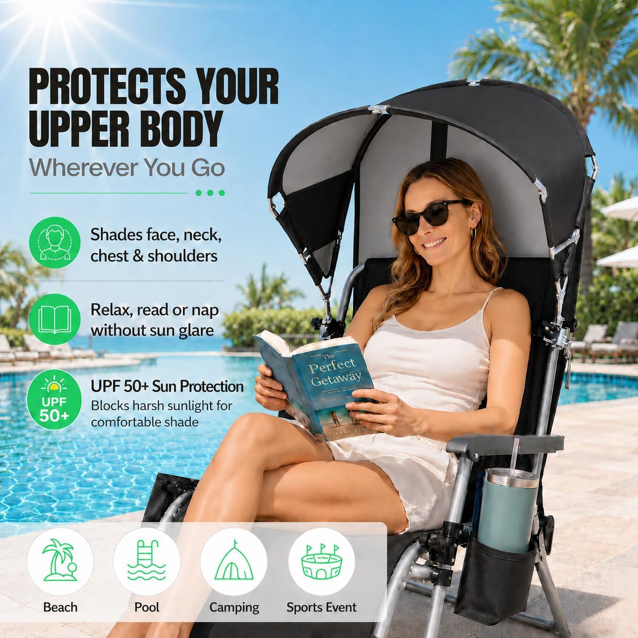 Universal Wind-Resistant Chair Umbrella Canopy, Foldable Portable UPF 50+ Sun Shade Attachment with Adjustable Clamp, Fits Most Beach, Camping, Lawn, Sports, Tanning, Zero Gravity Chairs, Patented