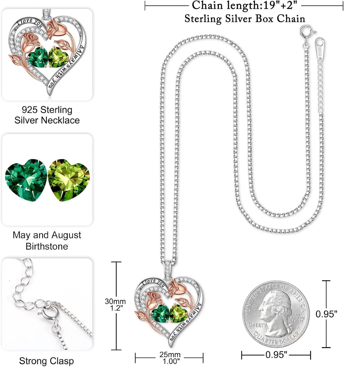 Iefil Birthstone Necklace for Women - Rose Heart Necklace