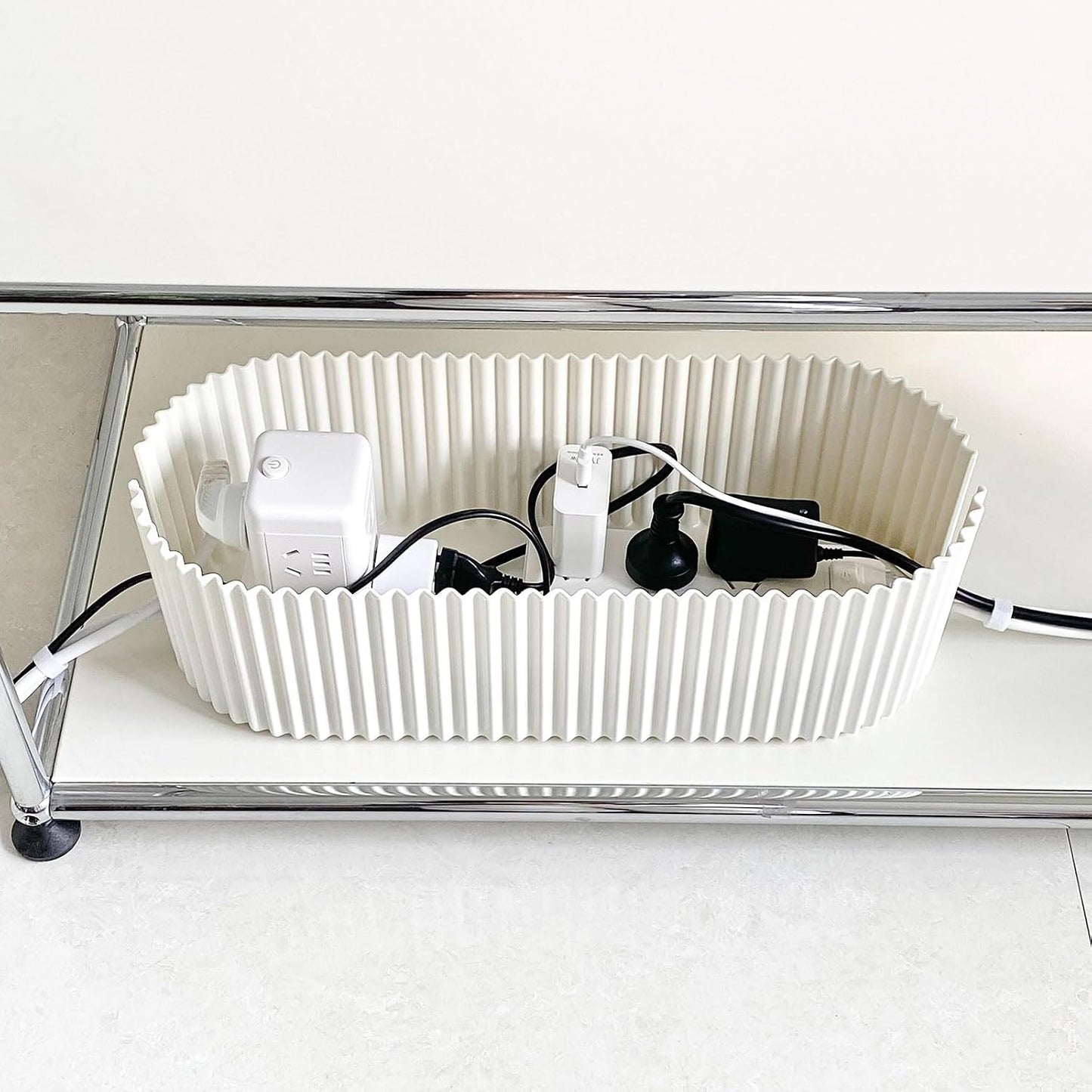 White Cable Box Organizer, Small, Plastic | Cord Hider Box with Lid, For Desk and Floor, Power Strips Cover, For Home, Office, Computer, TV, School, Kitchen
