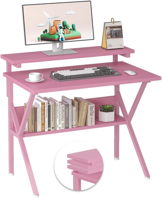 COTUBLR Small Desk, 27.5 Inch Small Computer Desk for Spaces, Computer Desks with Adjustable Monitor Stand, Compact Desks with Storage, Tiny Study Table for Bedroom Home Office, Pink