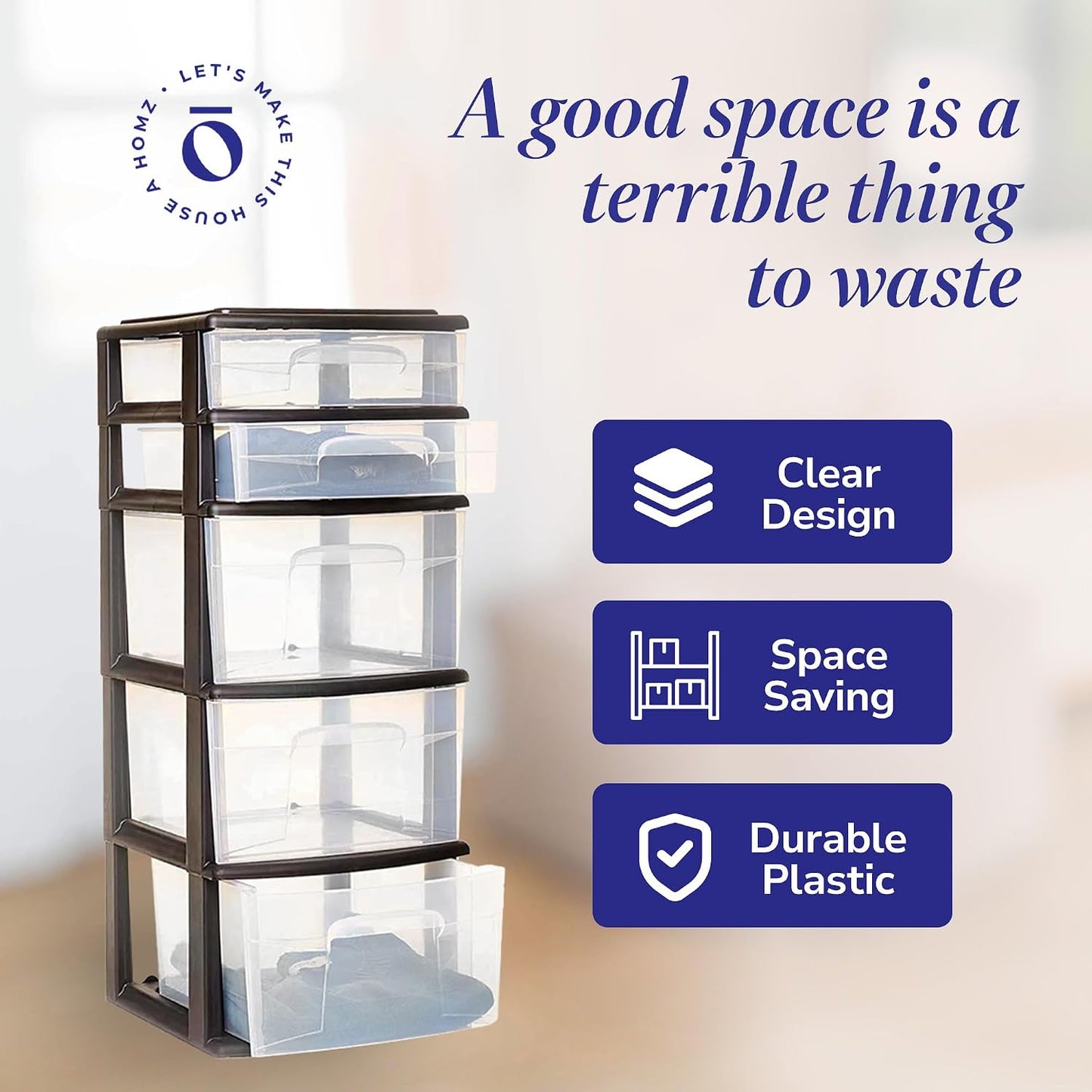 HOMZ 2-Pack Drawer Tower, 5-Tier Clear Plastic Storage Organizer Unit, Black Frame - Multi-Purpose Container Drawers for Bedroom, Bathroom, and Office Organization