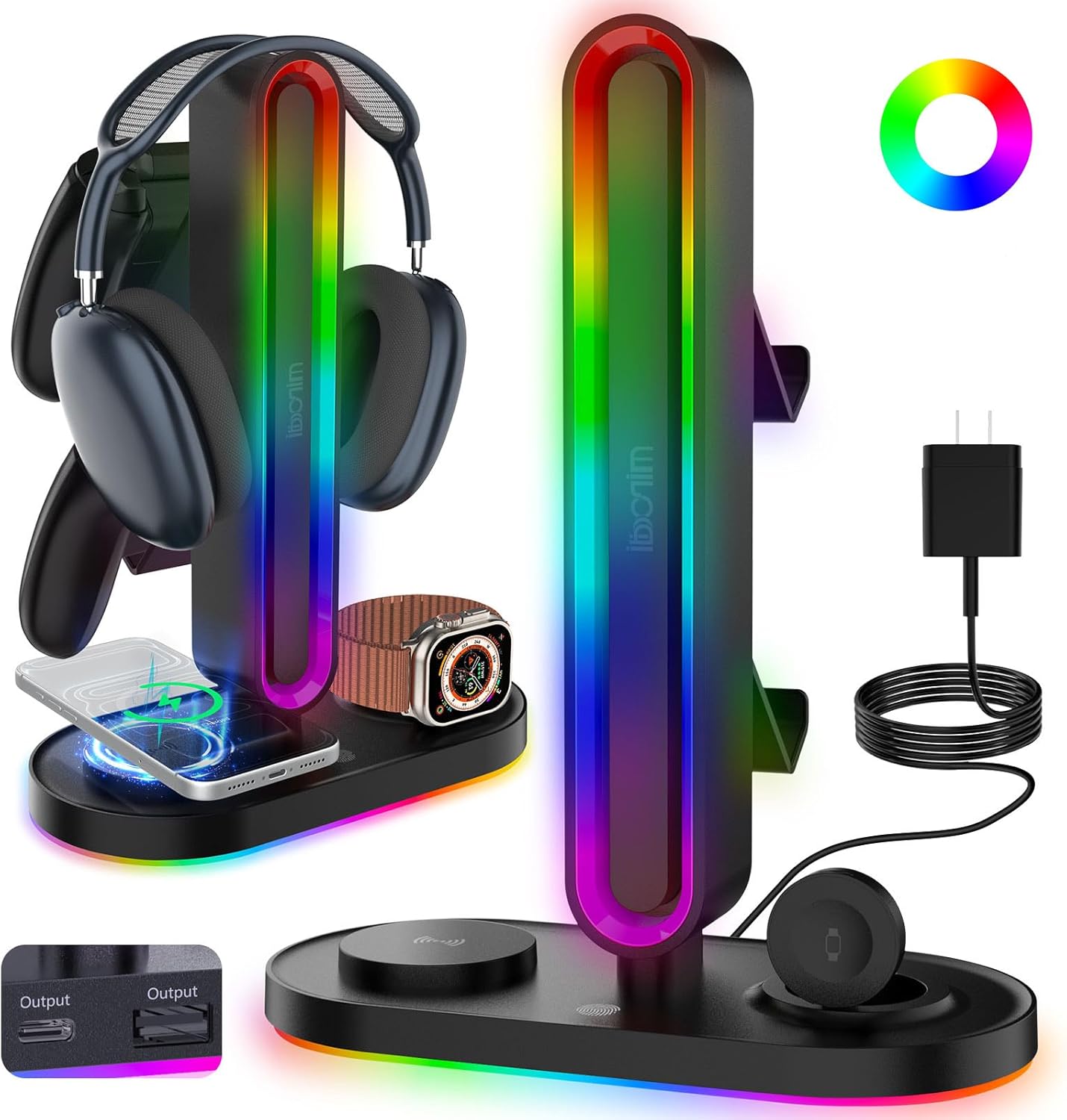 RGB Headset Stand with Wireless Charger, 8-in-1 Charging Station for iPhone, Samsung, Apple Watch Type-C/USB Ports, Gaming Headphone & Controllers Holder, Organizer for Desk Includes 20W PD Adapter