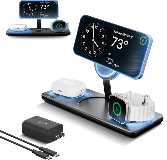 Nimble Podium 3-in-1 Wireless Charging Station for Apple, Qi2-Certified | 15W Magsafe Charger Stand with Adapter, USB-C Cable, Wireless Charger for iPhone 17/16/15/14/13, Apple Watch, Airpod Series