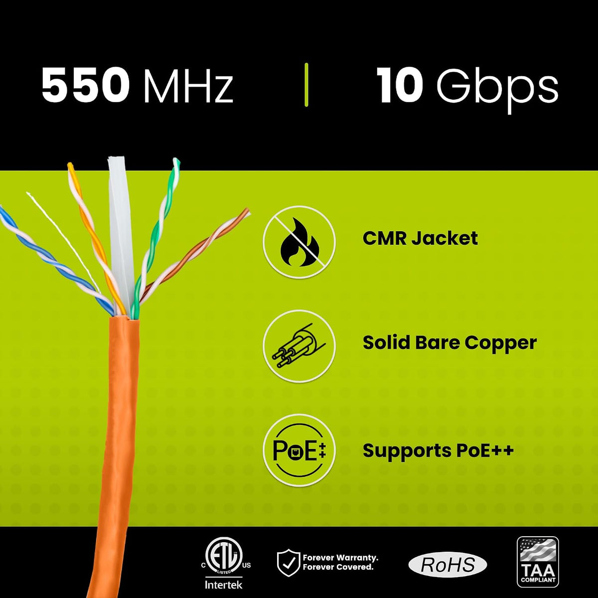 trueCABLE Cat6 Riser (CMR), 1000ft, Orange, 23AWG 4 Pair Solid Bare Copper, 550MHz, PoE++ (4PPoE), ETL Listed, Unshielded Twisted Pair (UTP), Bulk Ethernet Cable