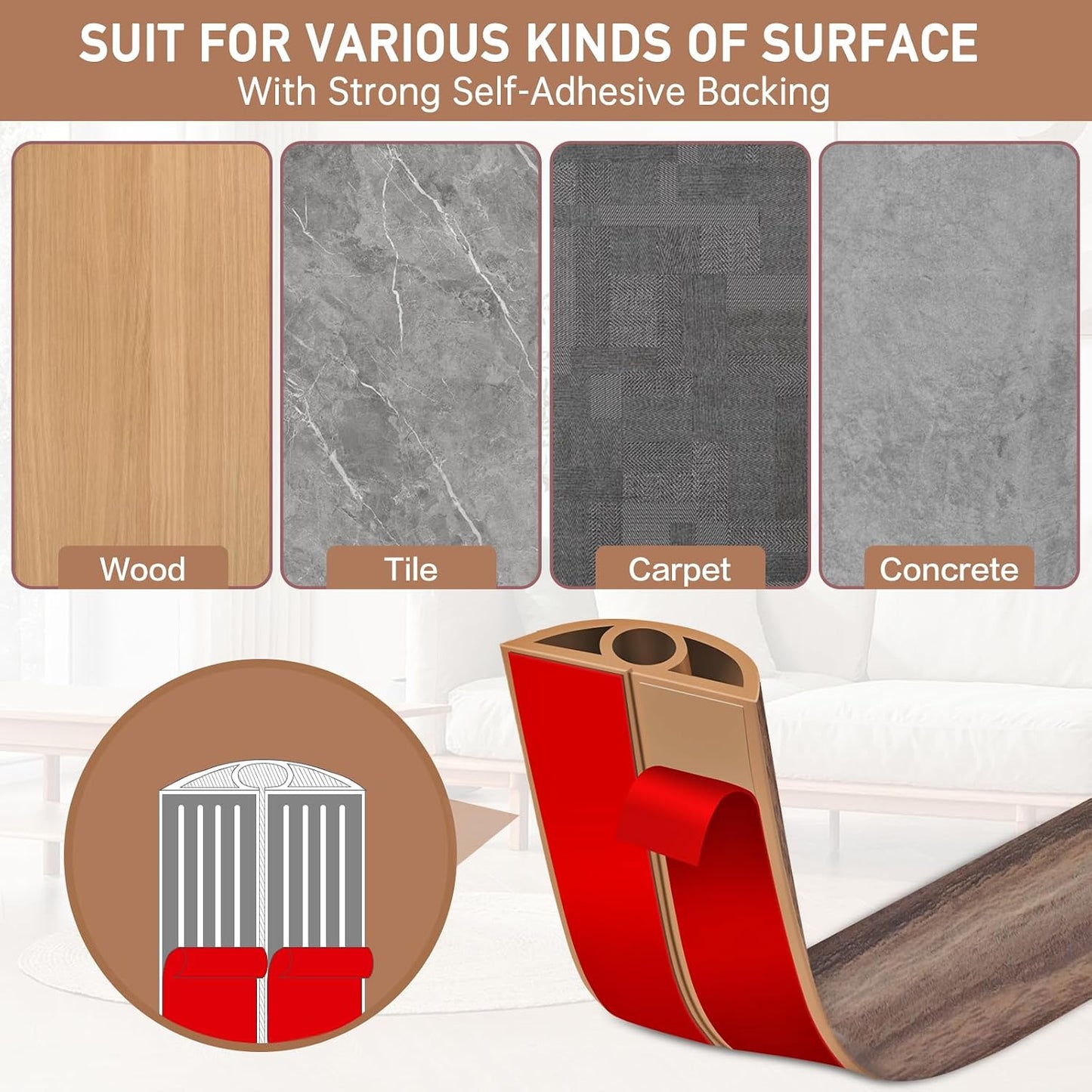LSGCQ Floor Cord Cover Self Adhesive Cord Hider Floor Cable Management | Cord Covers for Wires on Floor Cable Cover, Prevent Cable Trips, Cable Cavity 0.32" W x 0.32" H, 20Ft, Smoked Brown Wood