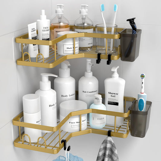 AKTECKE Corner Shower Caddy Organizer Shelf: 2Pack Adhesive Shower Rack, No Drilling Stainless Steel Shower Storage Shelves for Bathroom Kitchen (Gold)