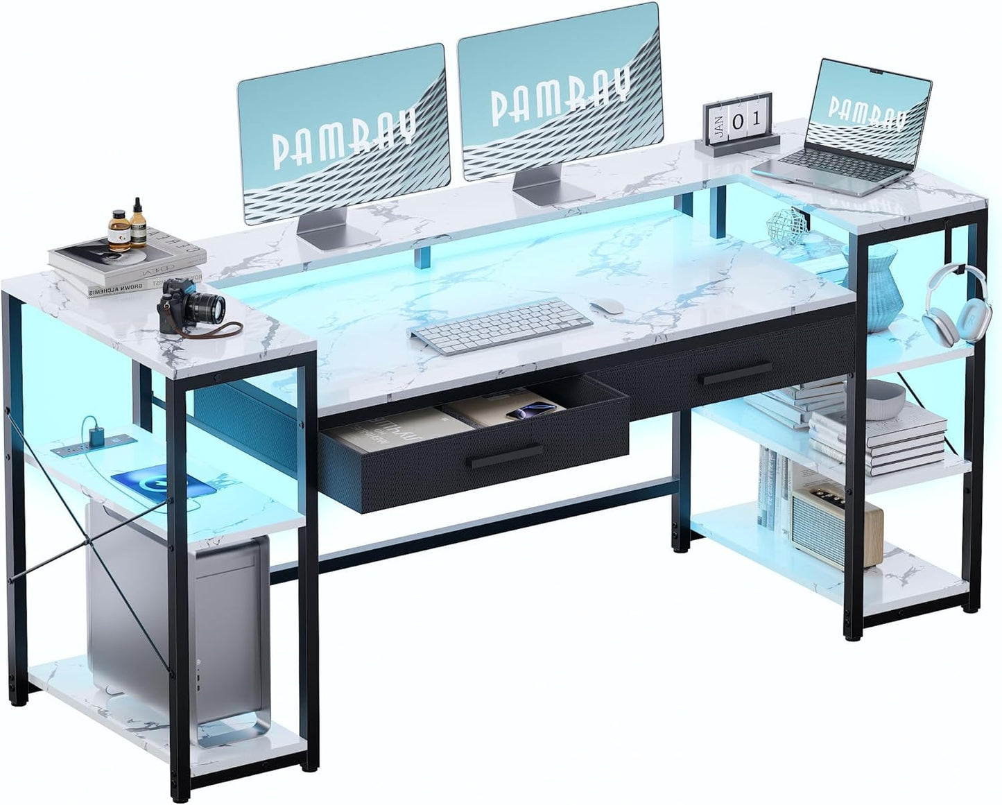 Pamray 58 Inch Computer Desk with Monitor Stand and Shelves Gaming Desk with LED Lights & Power Outlets PC Vanity Table with 2 Drawers for Home Office Marble