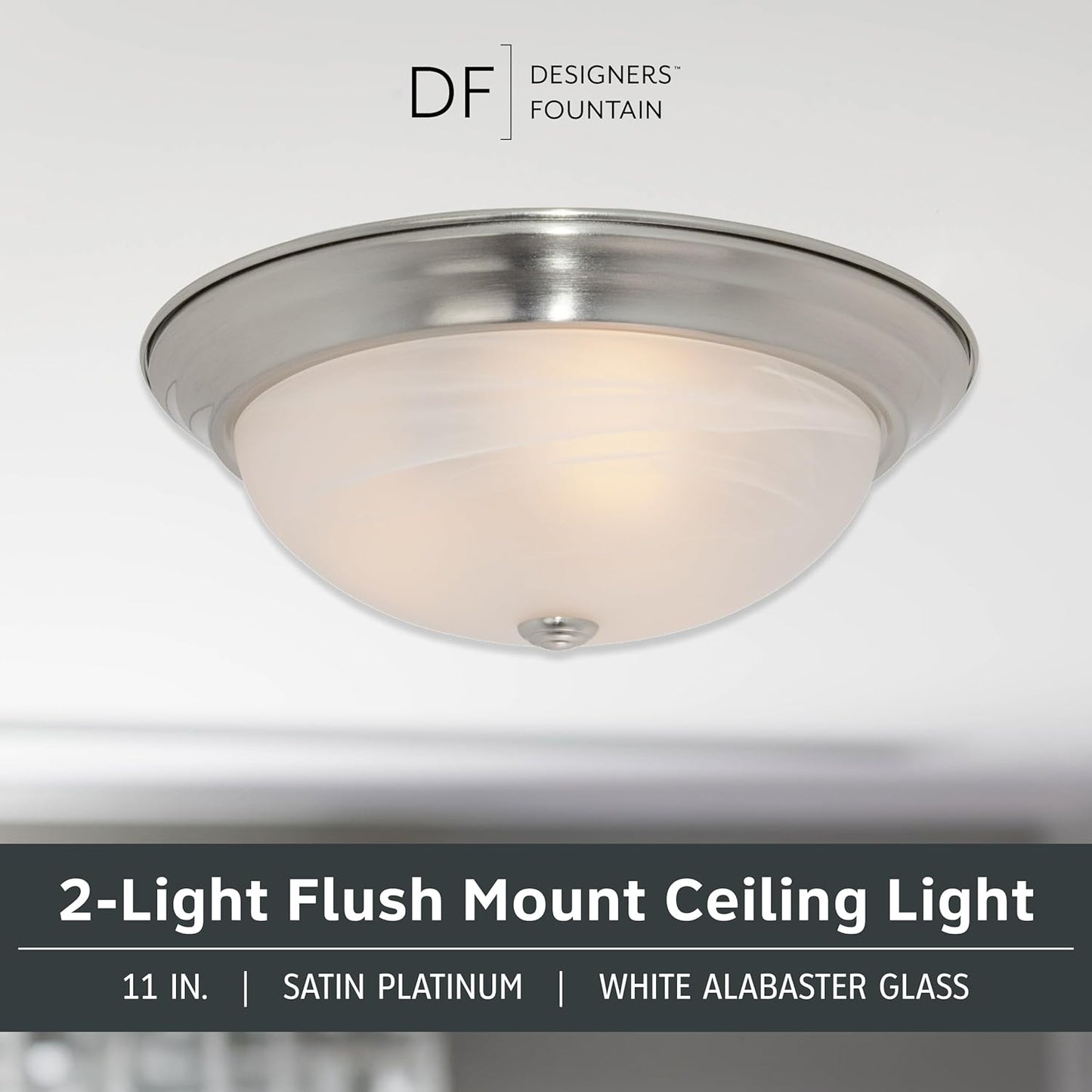 DESIGNERS FOUNTAIN Reedley 2-Lights Flush Mount Ceiling Light, 11 Inch Lighting Fixture for Kitchen, Bedroom, Bathroom, and Hallway, White Alabaster Glass, Satin Platinum, 1257S-SP-AL