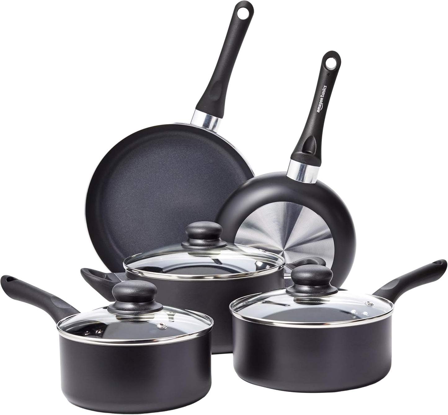 Amazon Basics Non-Stick Kitchen Cookware 15-Piece Set with Stay-Cool Handles, Even Heating, Non-Induction, Includes Pots, Pans, and Utensils, Black
