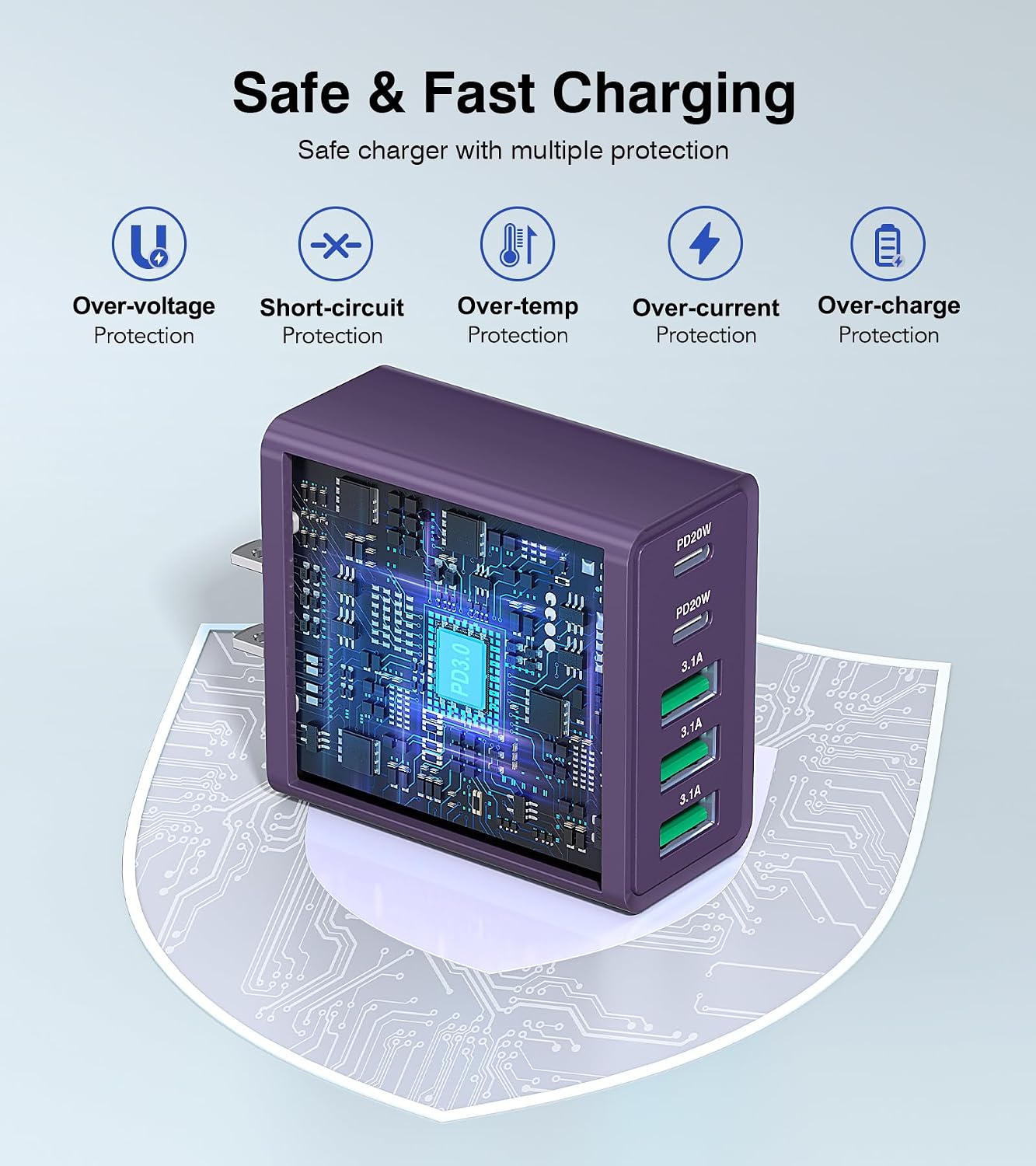 [2-Pack] USB C Wall Charger, 50W Charger Block 5-Port PD Fast Charging Blocks,Multiport 2USB C+3USB A Plug,Type C Power Adapter Brick Cube for iPhone 16/15/14/13/Pro,Samsung,for Switch（Purple）