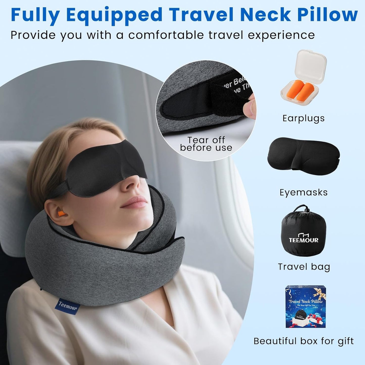Travel Pillow Memory Foam Neck Pillow for Airplanes Long Flight Comfort 360° Support Airplane Pillow Design for Car Rides, and Home Use Travel Essentials, with Eye Mask, Earplugs and Storage Bag Large