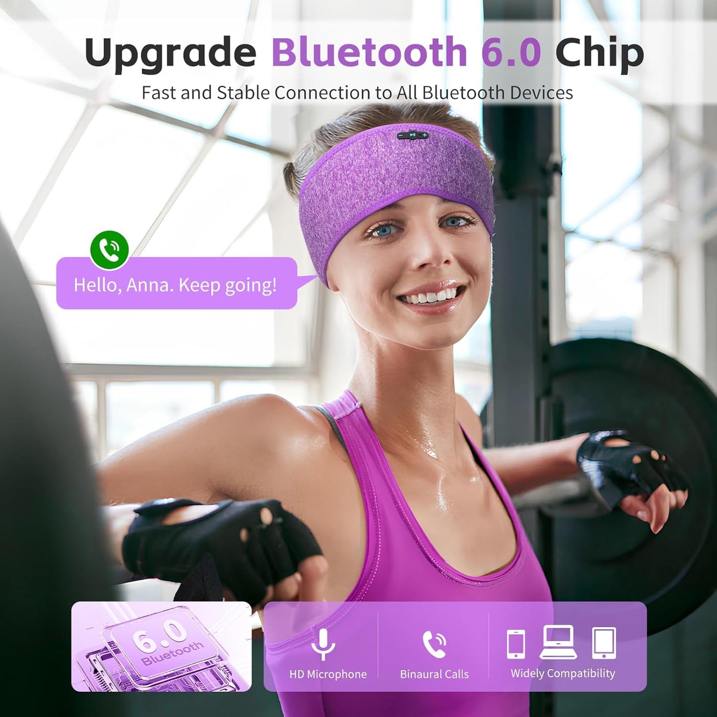 Sleep Headphones Bluetooth 6.0 Headband, 20Hr Headband Headphones with HD Stereo Speakers, Sports Wireless Earphones for Side Sleepers Workout Yoga Travel Meditation, Gifts for Women Men,Purple