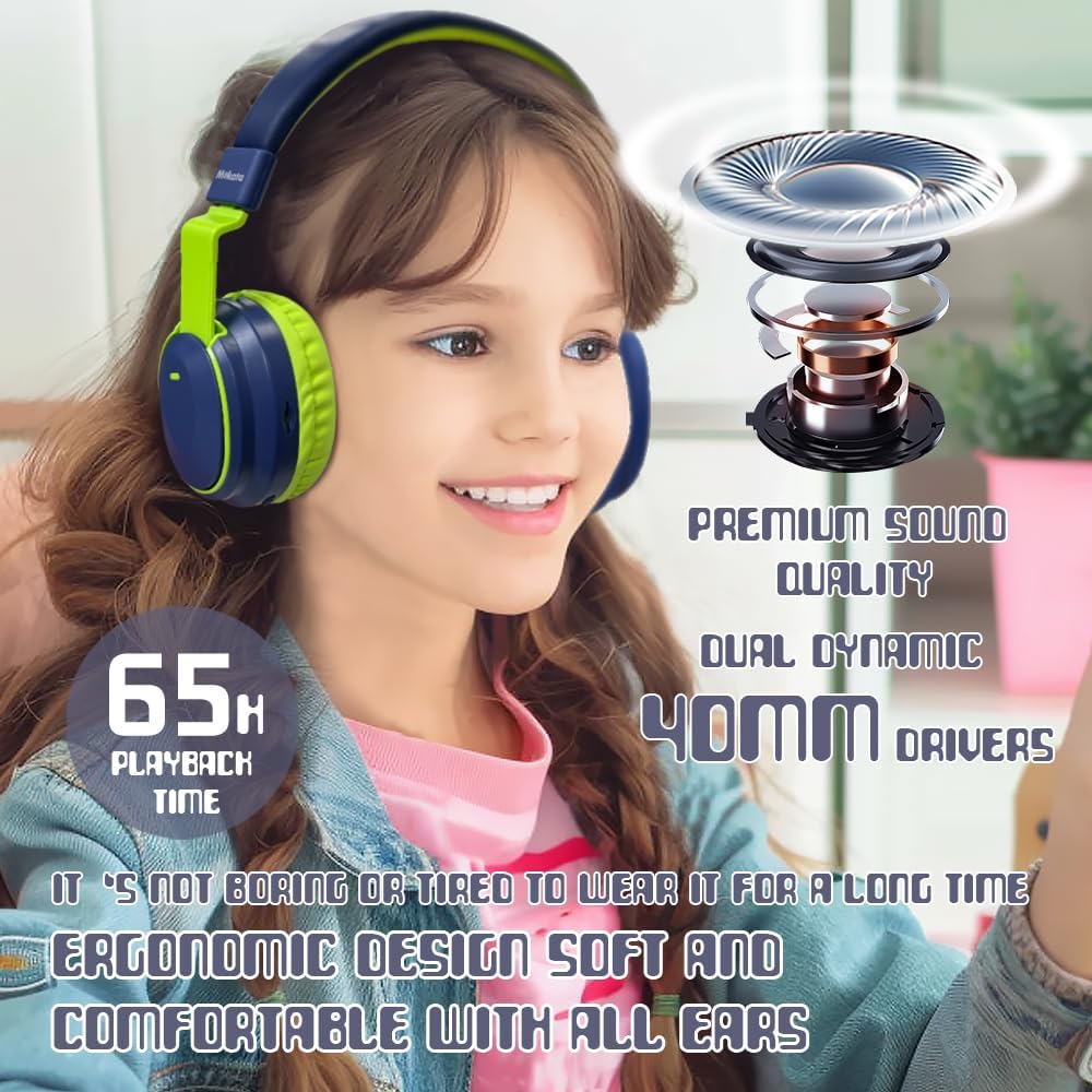Mokata Kids Headphones Bluetooth 5.3 Wireless Lightweight Fast Charging 68 Hours Play Time Volume Limited 85/94dB Over Ear Foldable with Built-in Mic for Toddler Boy Tablet Pad Deepblue