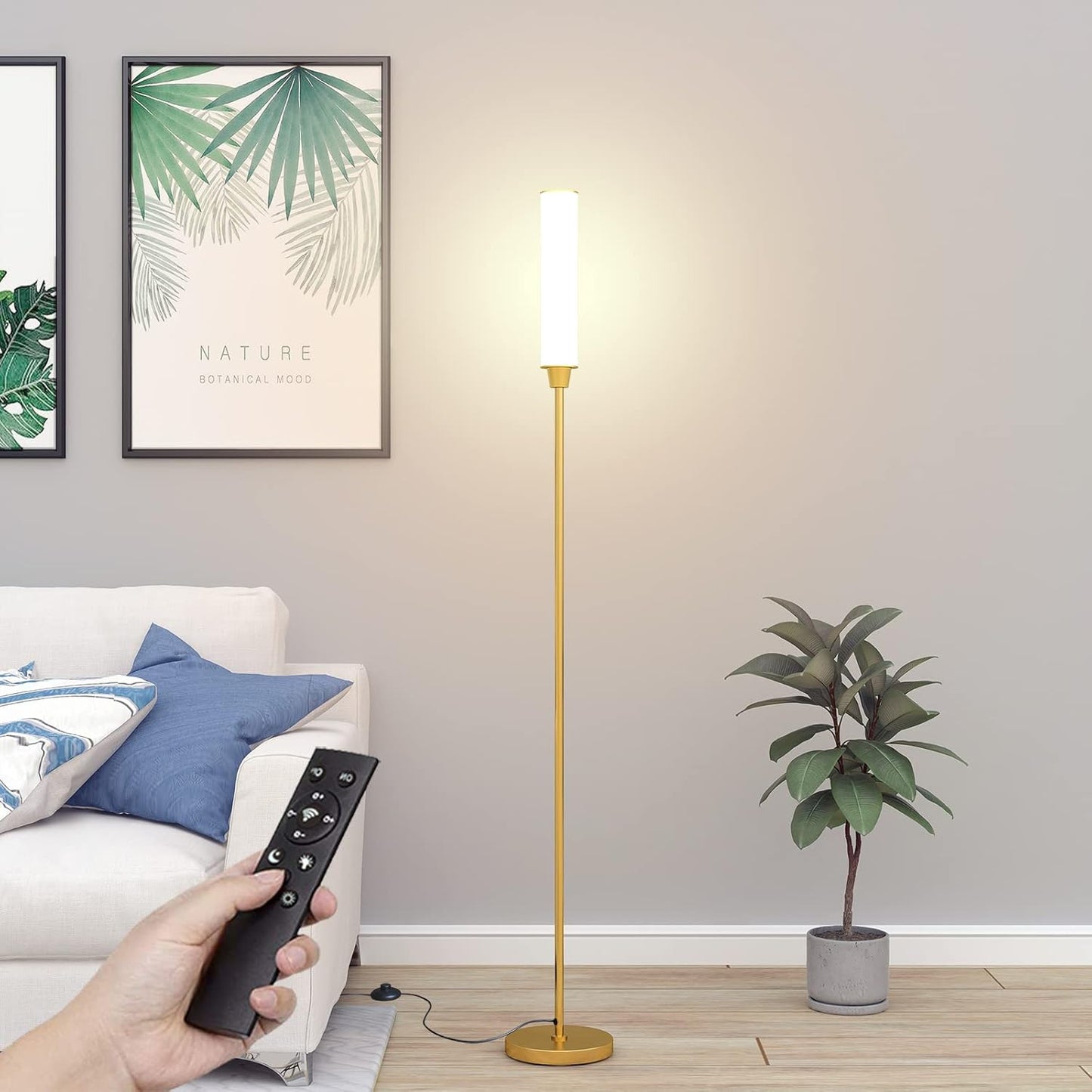 Nukanu Floor Lamp with Remote Control, Floor Lamps for Living Room/Bedroom/Office, Stepless Adjustable 3000K-6000K Colors and 10-100% Brightness,Standing Light with Foot Switch (Black+Beige Linen)