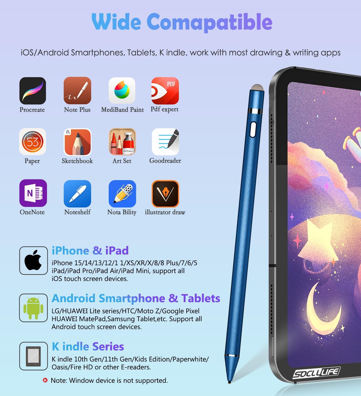 Active Stylus Pen for Touch Screens, Dual Pen Tips for Drawing &Writing,High Precise Universal Digital Pencil for A-pple i-Pad, i-Phone 17/16/15/14/13/12,Tablet/Smartphone/Sam-sung/K-indle - Dark Blue
