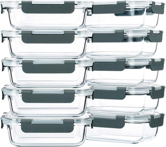 M MCIRCO 10-Pack,22 Oz Glass Meal Prep Containers,Glass Food Storage Containers with lids,Lunch Containers,Microwave, Oven, Freezer and Dishwasher (Gray)