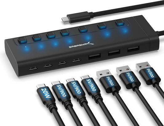 SABRENT 7-Port USB-C Hub, 48W Powered, 5Gbps, 3 USB-A + 4 USB-C (HB-3A4C)