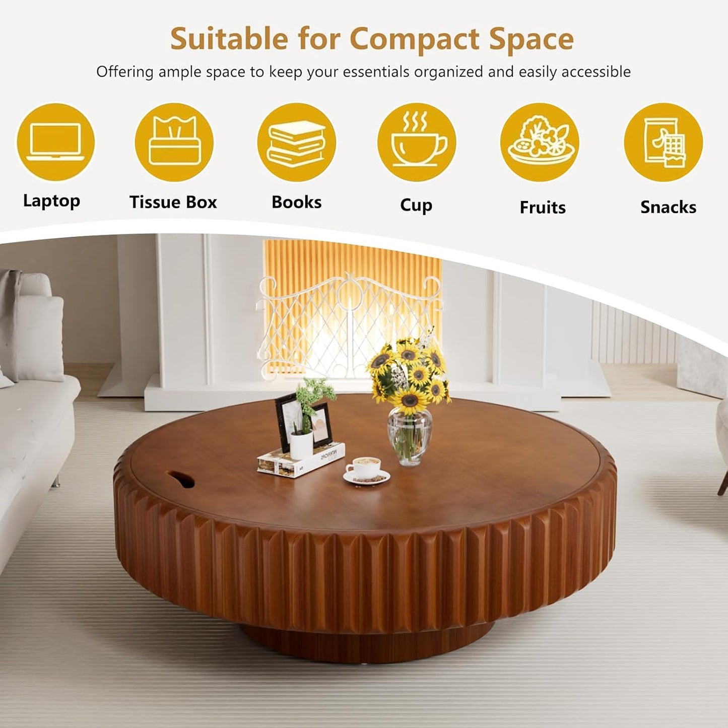 39.37'' Round Fluted Coffee Table with Storage (A39.37IN) | Handcrafted Wood Grooves, Wood Veneered Drum Center Table, Non-Slip Base, for Small Space Apartment Living Room