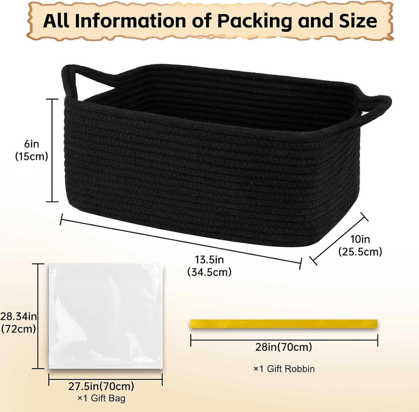 OIAHOMY Woven Basket, Gift Basket Empty with Gift Bags and Ribbons, Rope Baskets for Baby Showers, Storage Baskets with Handles for Nursery, Pet Toy Organizer- Black