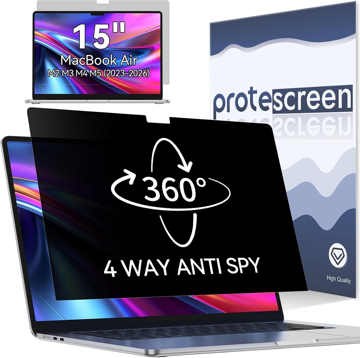 360° Privacy Screen for MacBook Air 15 Inch (2023-2026, M2 M3 M4 M5) - A2941 A3114 A3241 A3448, 4 Way Privacy Anti Glare Blue Light Filter Shield Film Anti Spy Laptop Protector for Mac 15.3In Computer