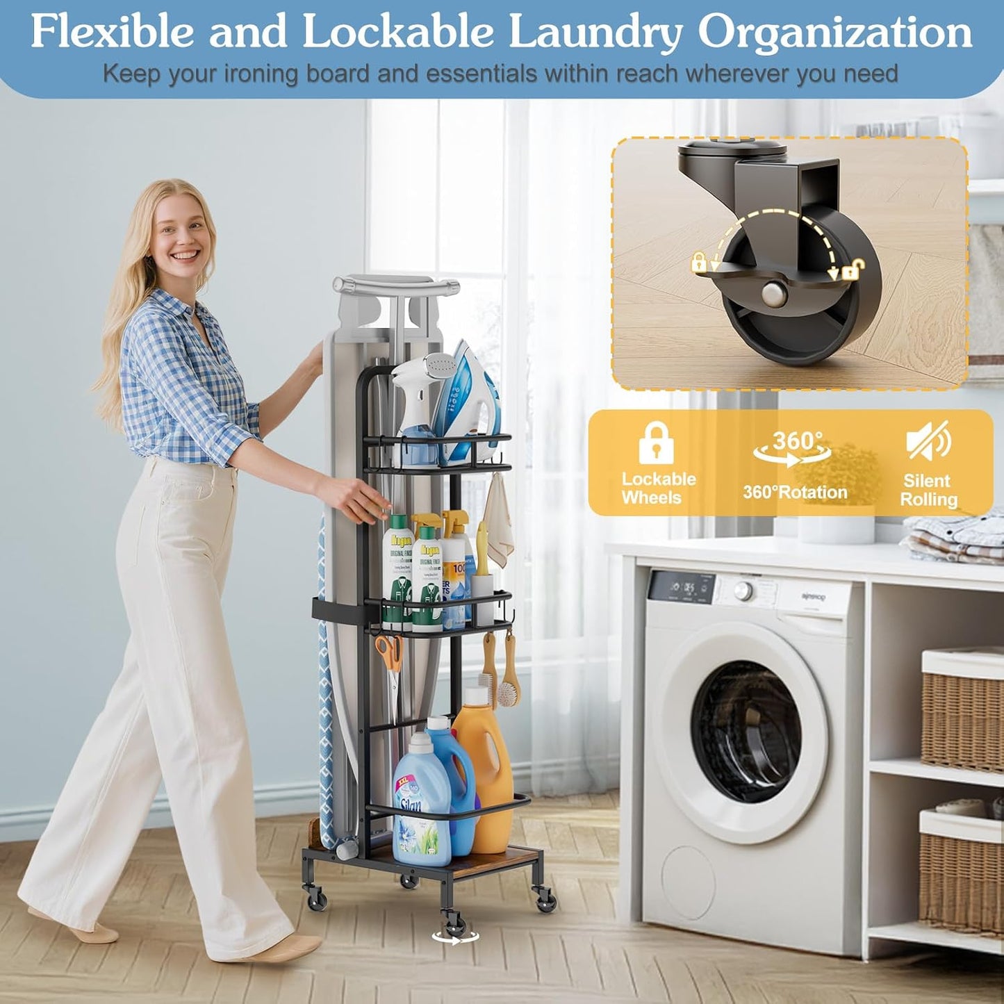 Ironing Board Hanger,Iron and Ironing Board Holder No Wall Mount,Laundry Room Organization and Storage Cart with Iron Stand,Narrow Laundry Shelves Organizer Cabinet,Laundry Room Essentials Accessories