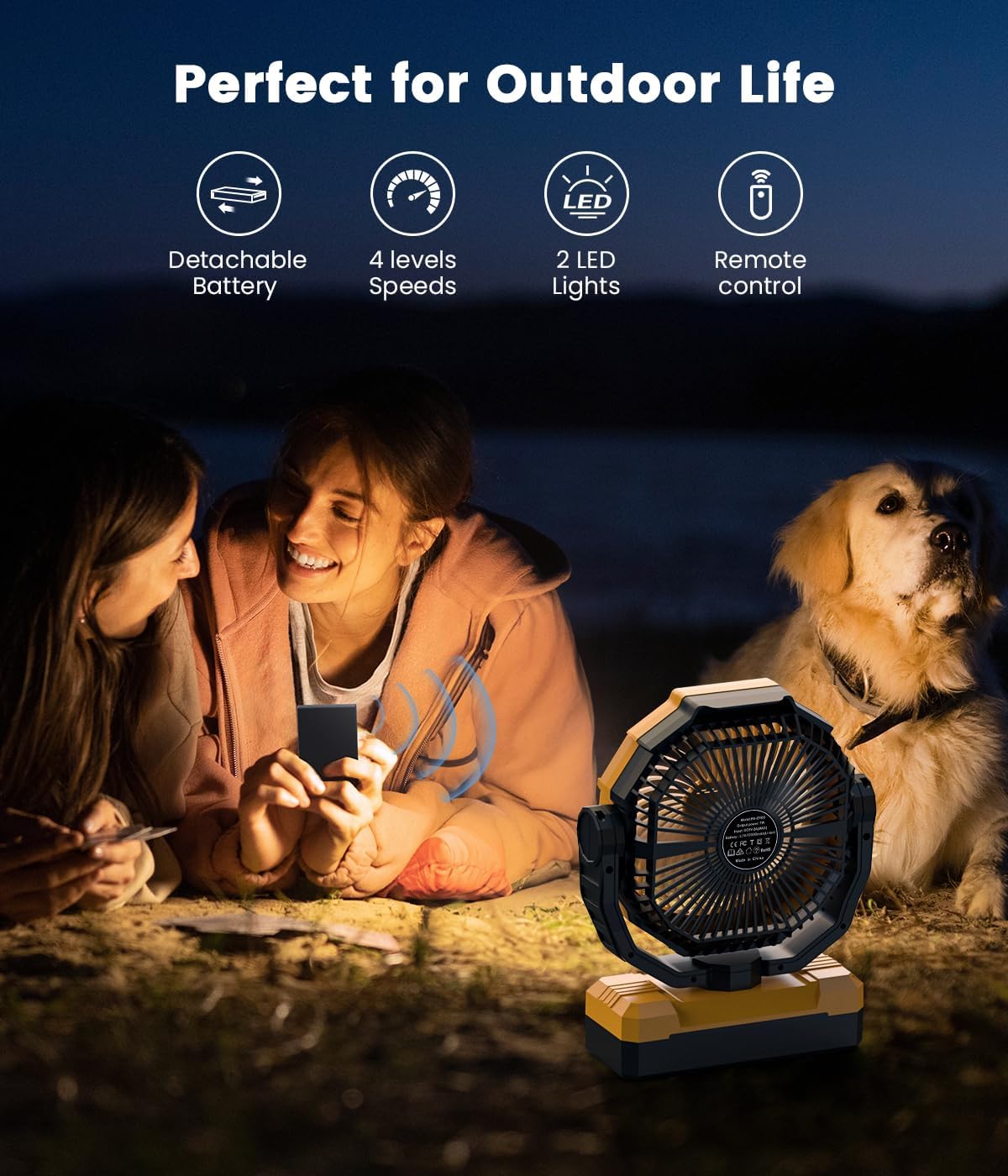 36000mAh Portable Camping Fan - 120HRS Rechargeable Fan with Detachable Battery with LED & Remote - 4 Speeds Battery Powered for Tent,Travel, Office, Jobsite