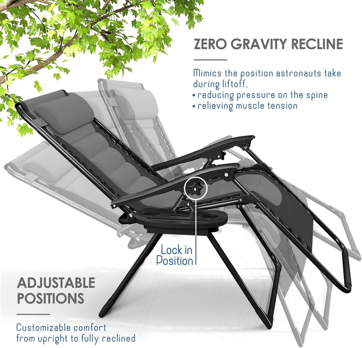 Nestl Outdoor Padded Zero Gravity Chair, Patio Lounge Chair Outdoor Recliner, Oversized Anti Gravity Lounger with Adjustable Headrest and Cup Holder, Foldable for Camping, Yard - Black/Grey