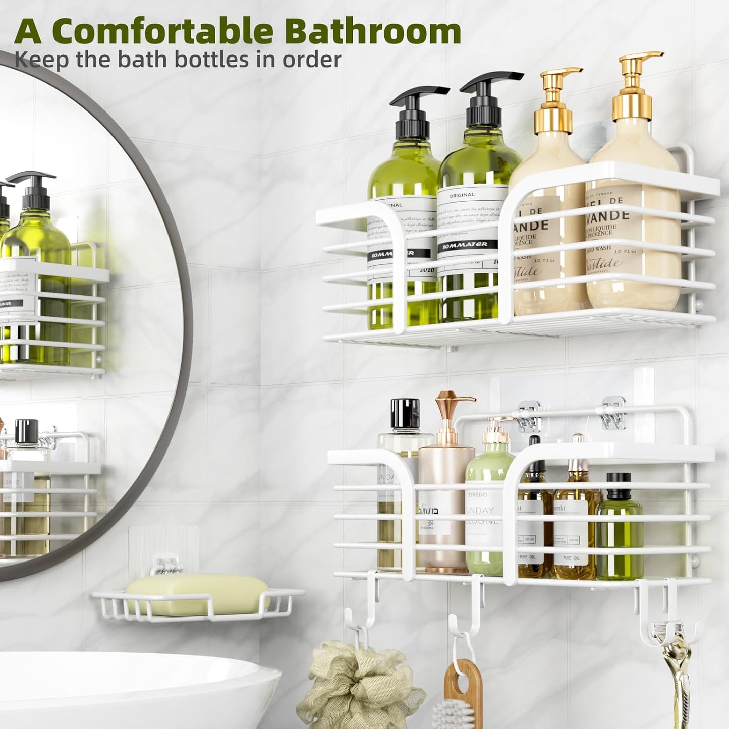 Yougai Shower Caddy, Shower Organizer with Soap Holder and Hooks, Rustproof Shower Shelves, No Drilling Bathroom Organizers and Storage, Wall-Mounted Kitchen & Home Decor (White)
