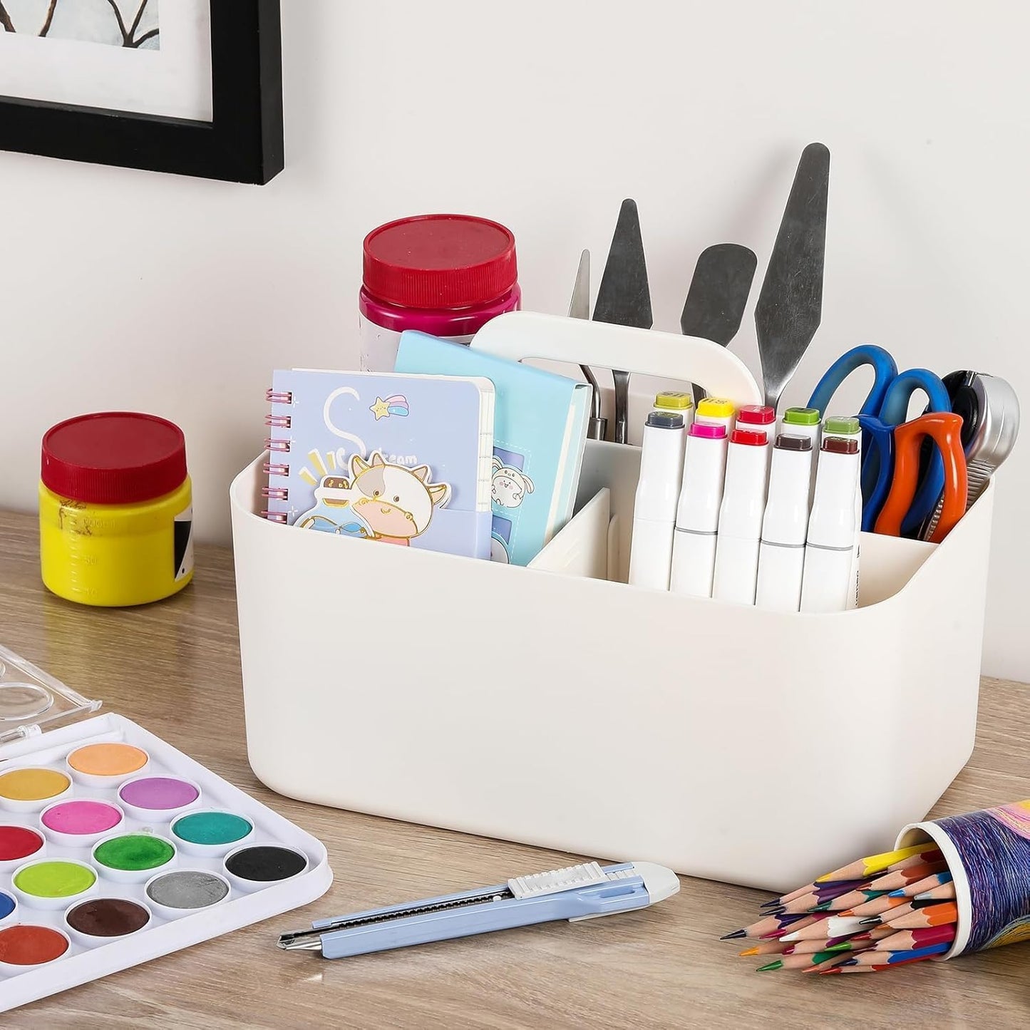Multiuse Caddy Organizer with Handle, Portable Divided Plastic Tote Bin - Art Craft, Stationary Pen Marker Crayons, Makeup Hair Supplies Storage - Bathroom, Classroom, Dorm, Office, Desk Holder -White