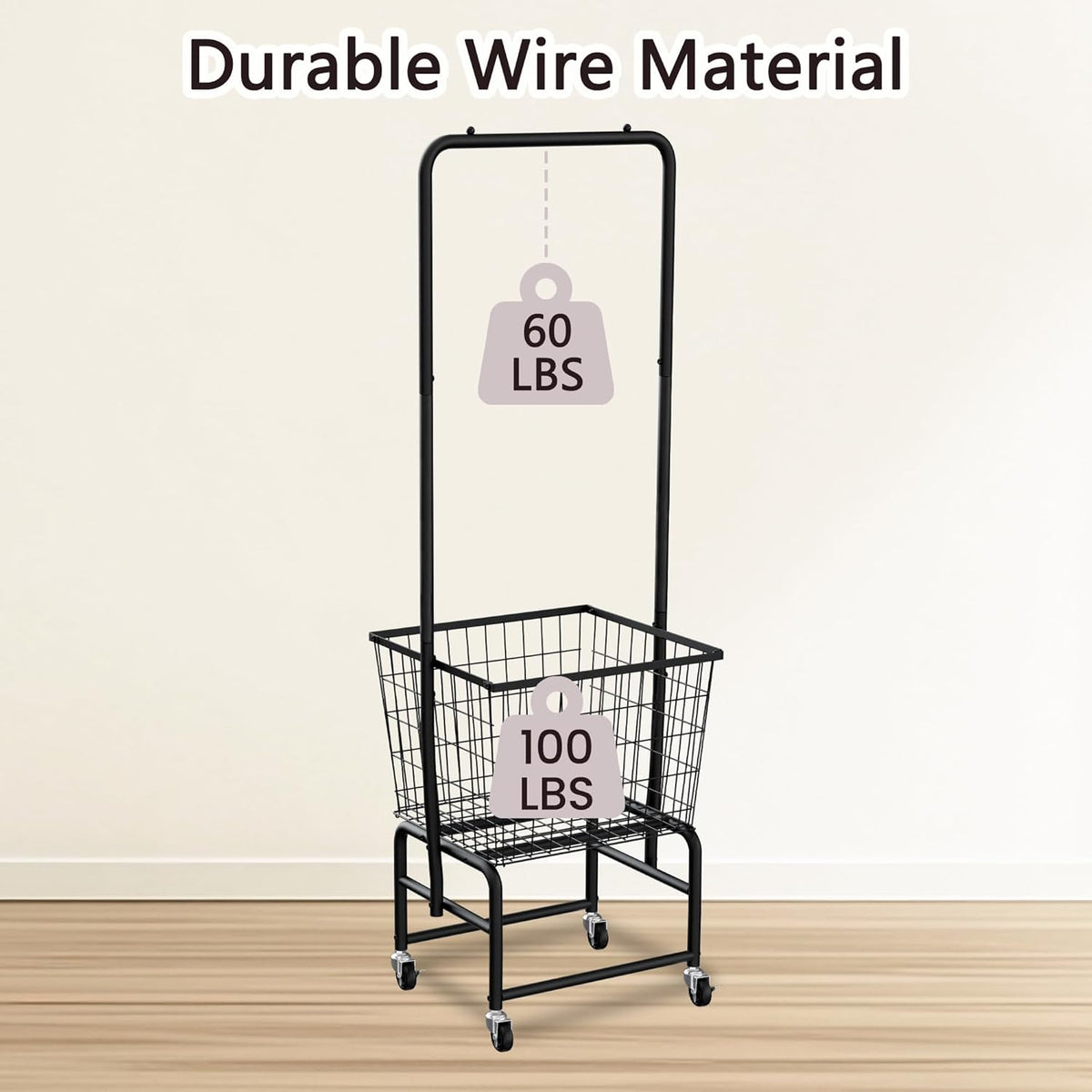 Rolling Laundry Cart with Wheels, Extra Large Laundry Hamper Basket Organizer with Clothes Hanging Rack, Wire Storage Cloth Shelf Butler, Black