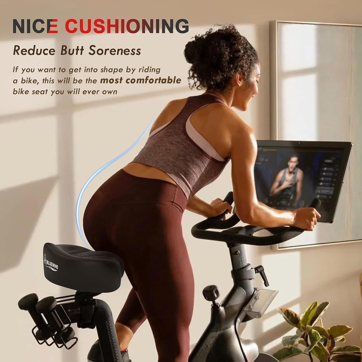 BLUEWIND New Noseless Oversized Bike Seat, Wide Bicycle Saddle Novel Backrest Design for Electric Bike, Universal Fit Exercise Bike or Road Stationary Bike Seat Cushion for Men & Women
