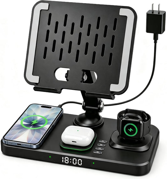 Wireless Charging Station for Apple Devices, Only for Apple Watch Charging | Included Type-C Cable for Tablet Charging, Foldable Wireless Charging Station, 7 Cycling Ambient Lights, Time Clock Display