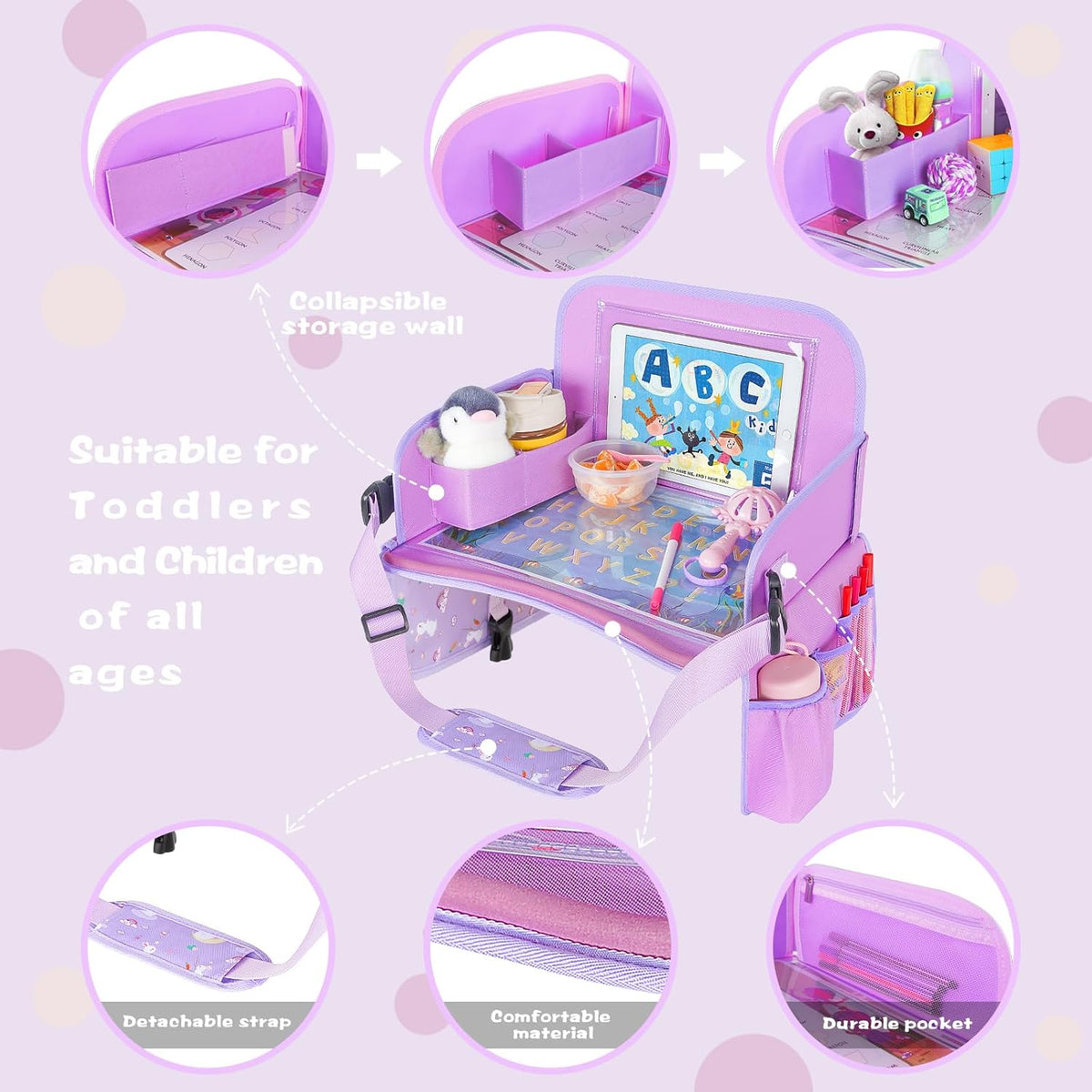 MENZOKE Kids Travel Tray for Toddler Car Seat, Toddler Gift for Girl Activities with Dry Erase Board & iPad Holder Stand, Road Trip Essentials Accessories Lap Tray for Girl as Birthday Gift, Purple