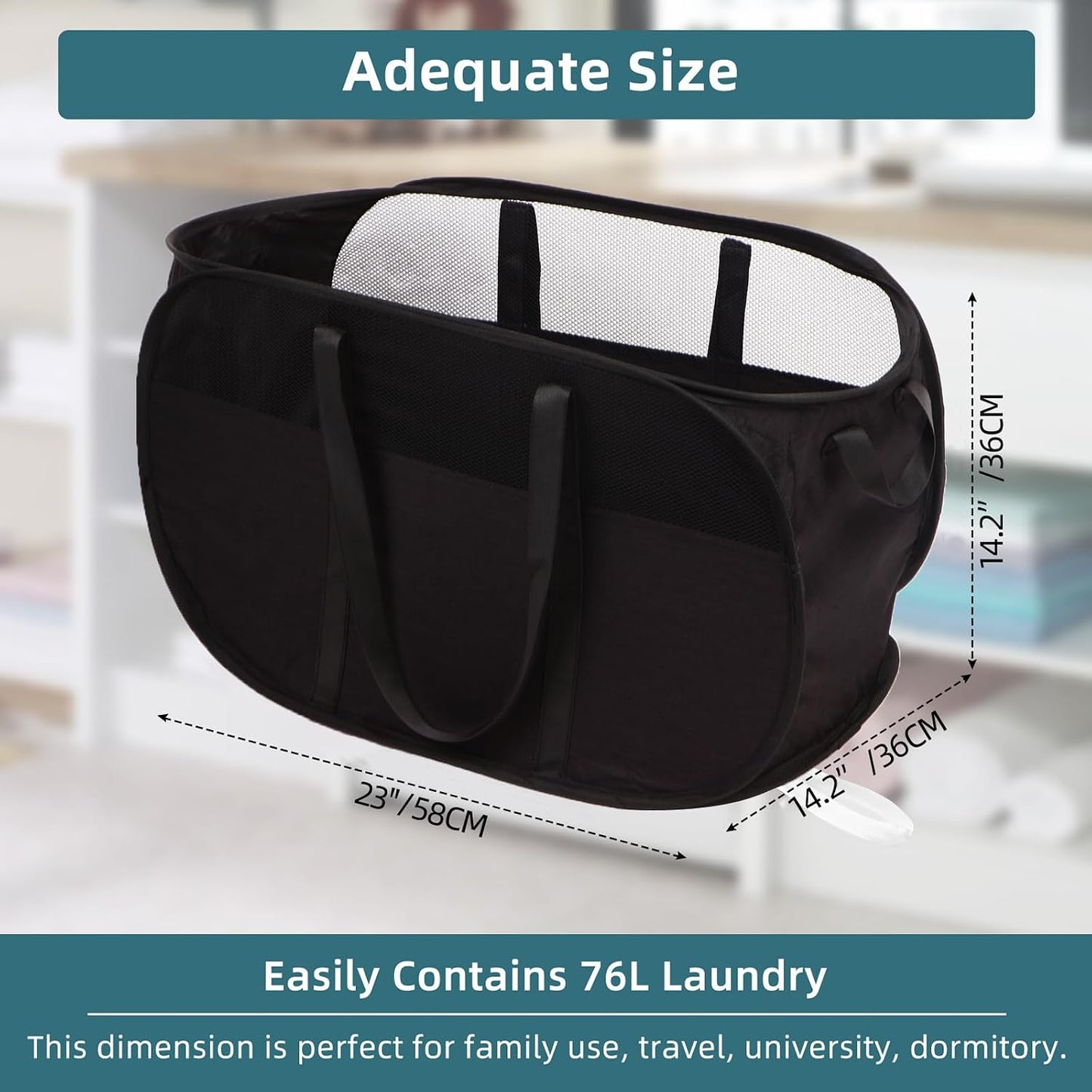 Collapsible Laundry Baskets, Tear Proof Pop Up Laundry Hamper with Dual Handles, Durable Foldable Laundry Basket, Easy to Carry Laundry Hamper for Home, Laundry Room, Bedroom, Dorm, Travel Black