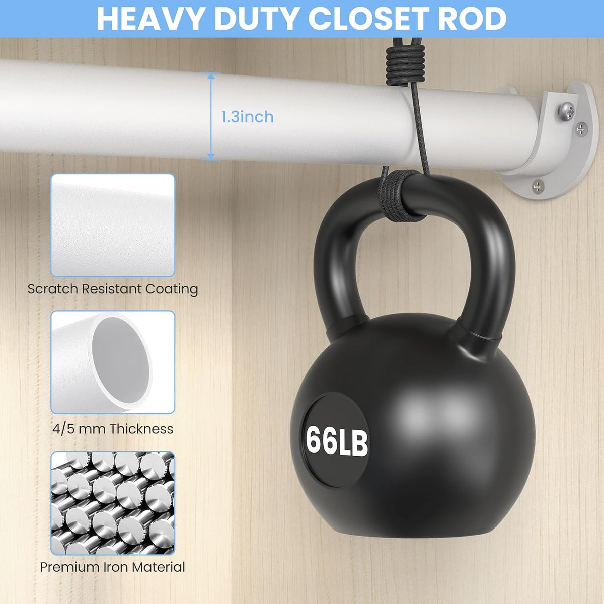 Closet Rod, 17-54in Stepless Adjuatable closet rods for Hanging Clothes