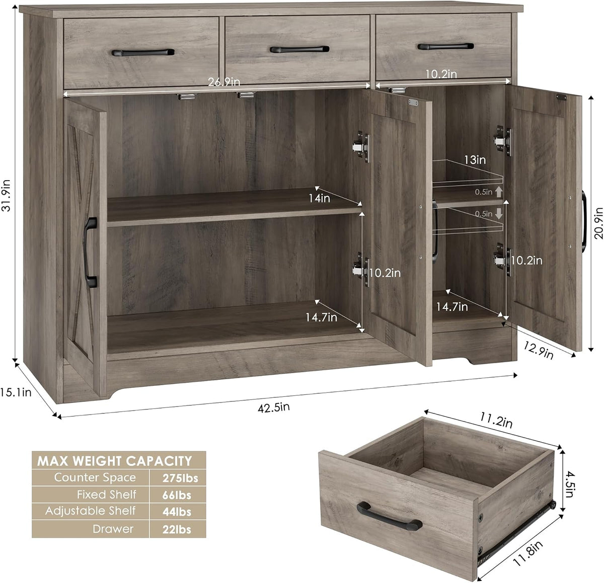 HOSTACK Kitchen Buffet Cabinet with Storage, Sideboard Coffee Bar, Grey | Farmhouse Kitchen Storage Cabinet with 3 Drawers & Adjustable Shelf, 42.5"W Buffet Table for Dining Living Room, White
