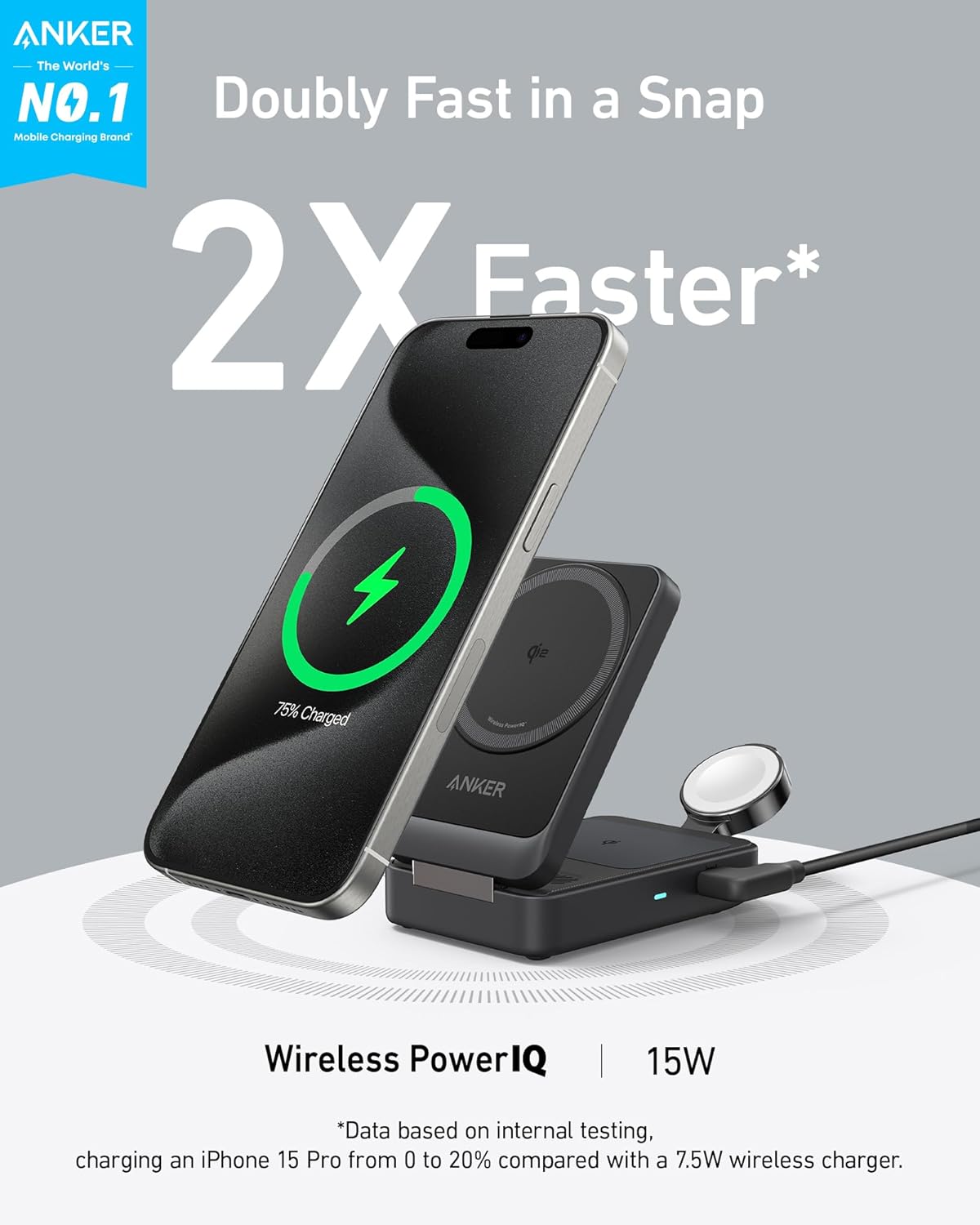 Anker MagGo 3 in 1 iPhone 17 Charging Station, MagSafe-Compatible Wireless Charger Stand, Qi2 Certified 15W Foldable Charger for iPhone 17/16/15/14/13/12, AirPods, Apple Watch Ultra(Adapter Included)