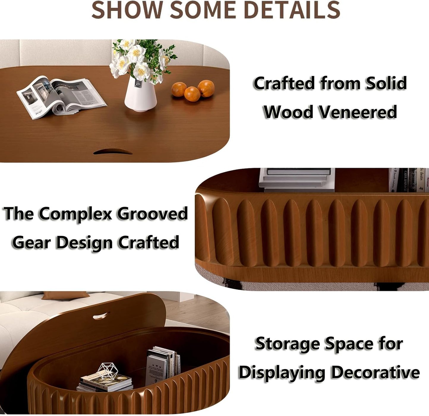 Mid Century Modern Oval Fluted Coffee Table with Storage (P) | Handcraft Drum Coffee Table, Sturdy Pedestal, Wood Veneer Top, for Living Room Reception Room Farmhouse
