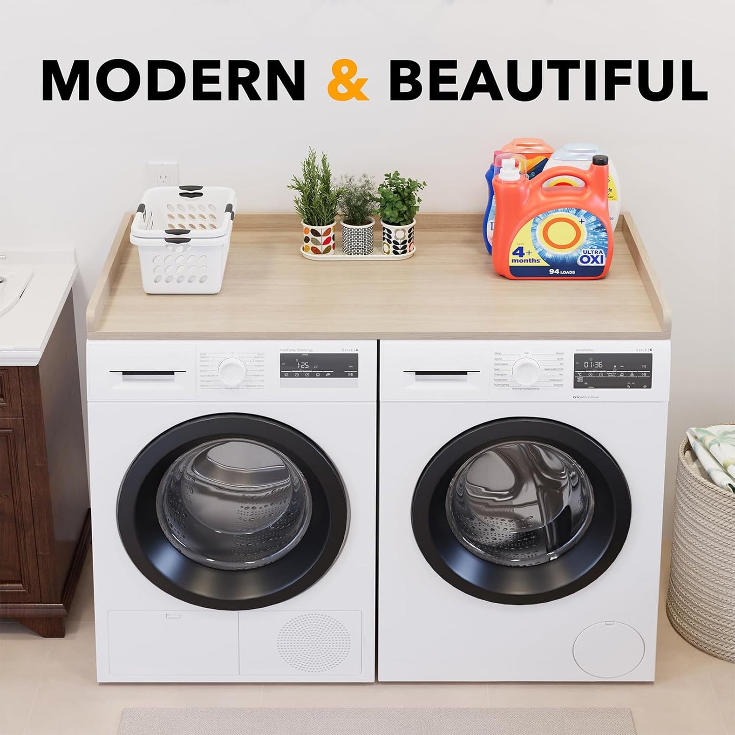 SpaceAid Washer Dryer Countertop, Laundry Wood Shelf Topper with Edge, 54" Width x 27.5" Depth Cover Guard Organizer for Washer and Dryer Laundry Hamper Counter Storage Organization (Oak)