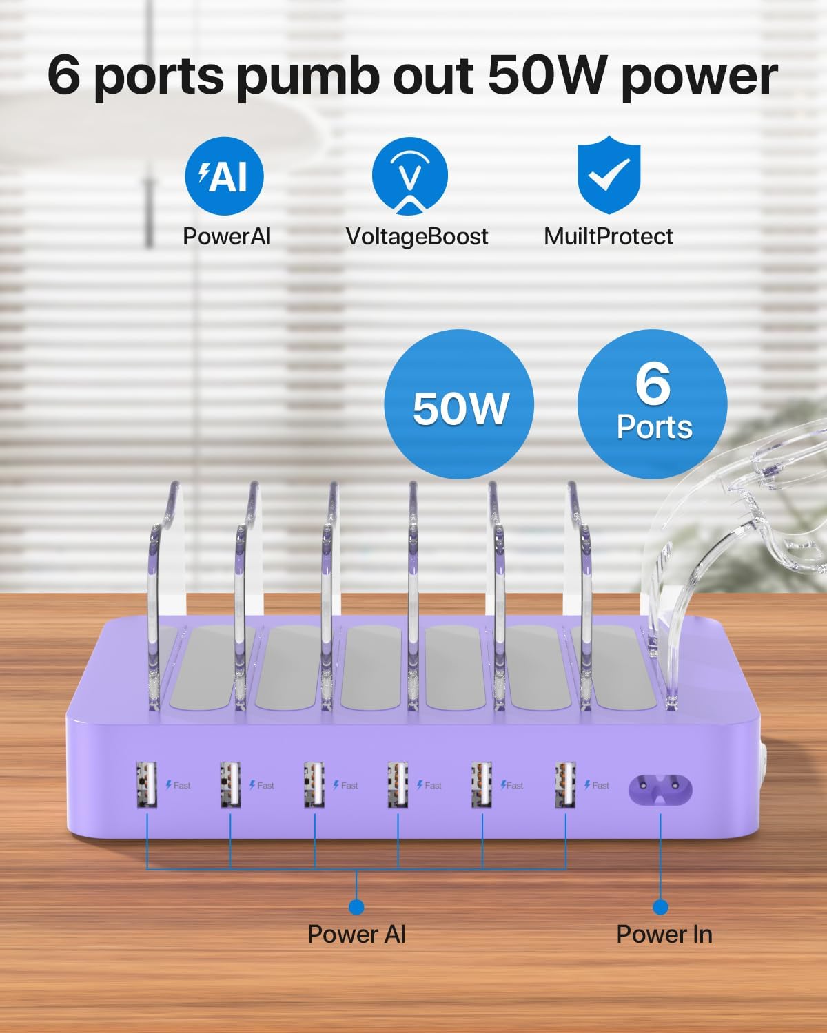 SooPii Premium 6-Port USB Charging Station Organizer for Multiple Devices | Included 6 Short Charging Cables and One Upgraded i-Watch Charger Holder for Phones,Tablets and Other Electronics, Purple