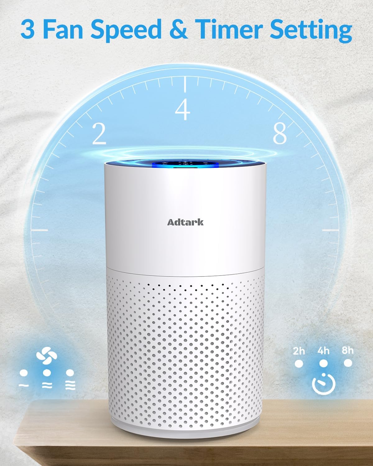Air Purifiers for Home Bedroom, ADTARK Air Cleaner with 3-in-1 Filter, Sleep Mode & Aroma Function, 3 Light Modes, Room Air Purifier with 3 Timer for Office, Dorm, Hotel (White)