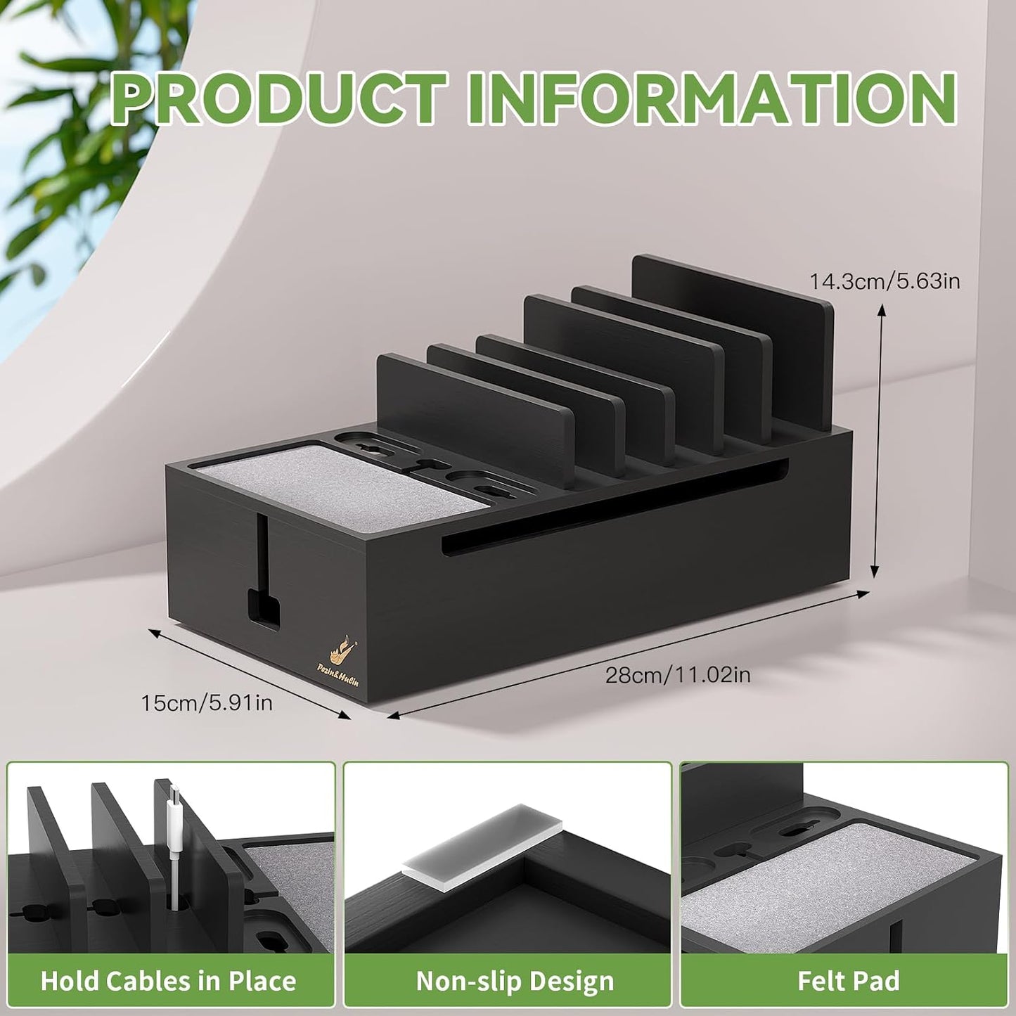 Pezin & Hulin Multi Charger Station Organizer - Black Bamboo | 5-Port HUB with 6 Cable, Cable Management Box, Cord Organizer for Desk, Wire Organizers and Storage for Cord and Power Strip