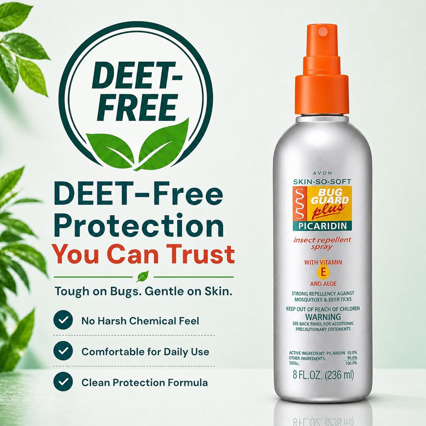 AVON Skin So Soft Bug Guard Plus Picaridin Insect Repellent Spray — Long-Lasting, DEET-Free Family Size Pump Spray with Vitamin E & Aloe — Non-Greasy, Travel-Ready Bug Repellent for Families, 8 fl oz