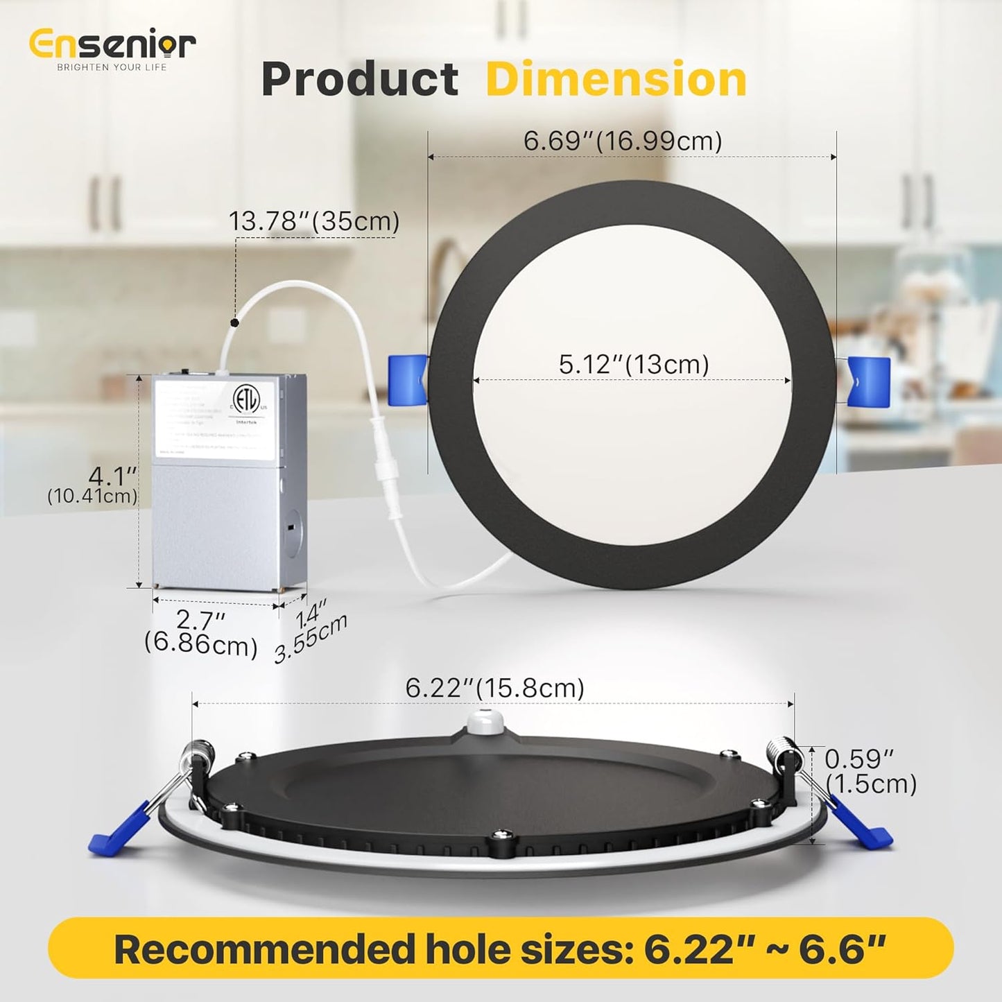 Ensenior 12 Pack 6 Inch LED Recessed Ceiling Light Black, Dimmable, 2700K-5000K 5CCT, 1200LM 12W 120V, High Brightness Canless Wafer Downlight - ETL&FCC&IC