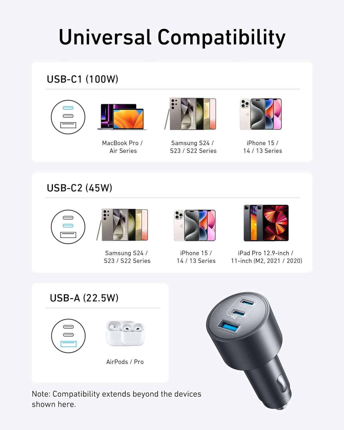 Anker iPhone 17 USB-C Car Charger, 167.5W Max 3-Port Ultra-Compact Type-C Fast Car Charger for MacBook Pro/Air, iPhone 17/16/15 Series, Samsung S25/S26, iPad Pro, AirPods and More