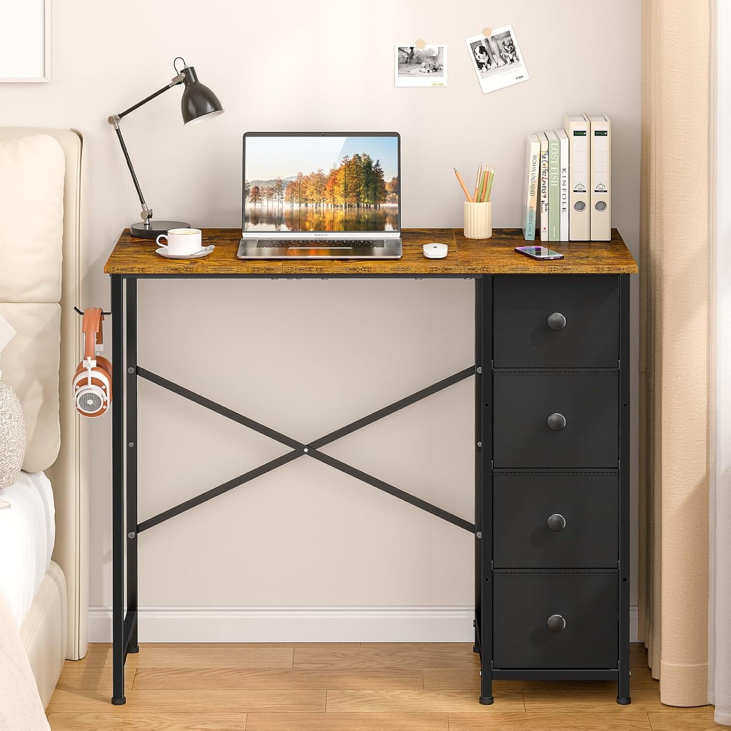 Small White Desk with Drawers for Bedroom, 35.4 Inch Kids Girls Teens Student Writing Desk with Storage, Reversible Study Table, White Computer Desk for Home Office, Makeup Vanity Desk for Small Space
